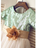 Short Sleeves Mint Sequin Ivory Tulle Floor Length Flower Girl Dress